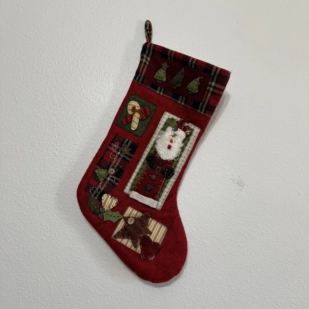 Plush 3D Folk Art Primitive Patchwork‎ Christmas Stocking Set Of 2